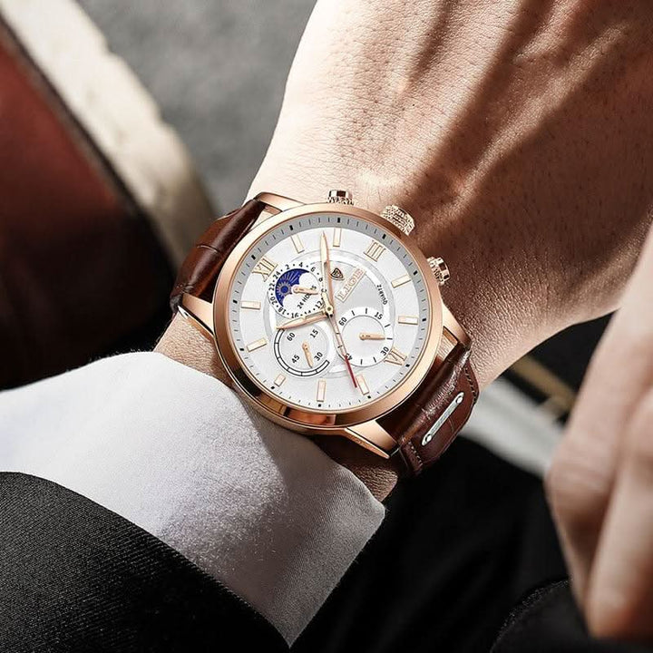Lisslune | Men’s Stainless Steel Leather Strap Watch with Date