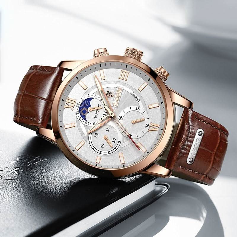 Lisslune | Men’s Stainless Steel Leather Strap Watch with Date