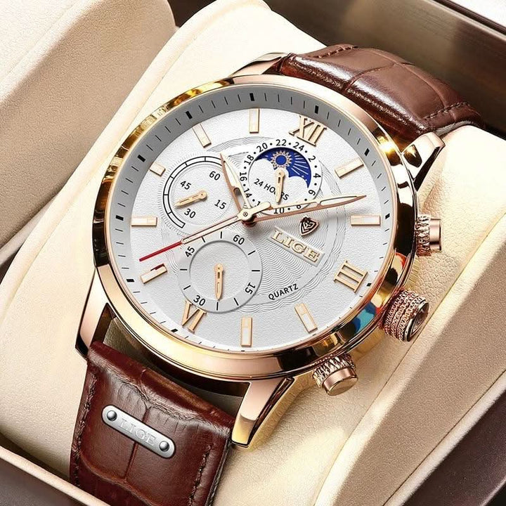 Lisslune | Men’s Stainless Steel Leather Strap Watch with Date
