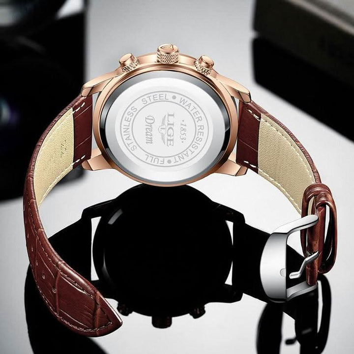 Lisslune | Men’s Stainless Steel Leather Strap Watch with Date