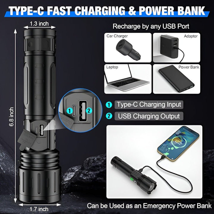 Lisslune | 100,000 Lumen Rechargeable LED Flashlight | Waterproof, Impact-Resistant & Ideal for Hiking, Emergencies & Power Outages