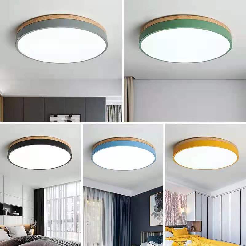 Lisslune | Wooden Round Shape Flush Ceiling Light | LED. Solid Wood & Iron for Living Room. Dining Room & Hallway