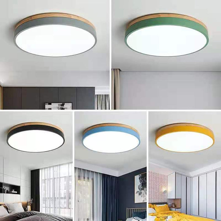 Lisslune | Wooden Round Shape Flush Ceiling Light | LED. Solid Wood & Iron for Living Room. Dining Room & Hallway