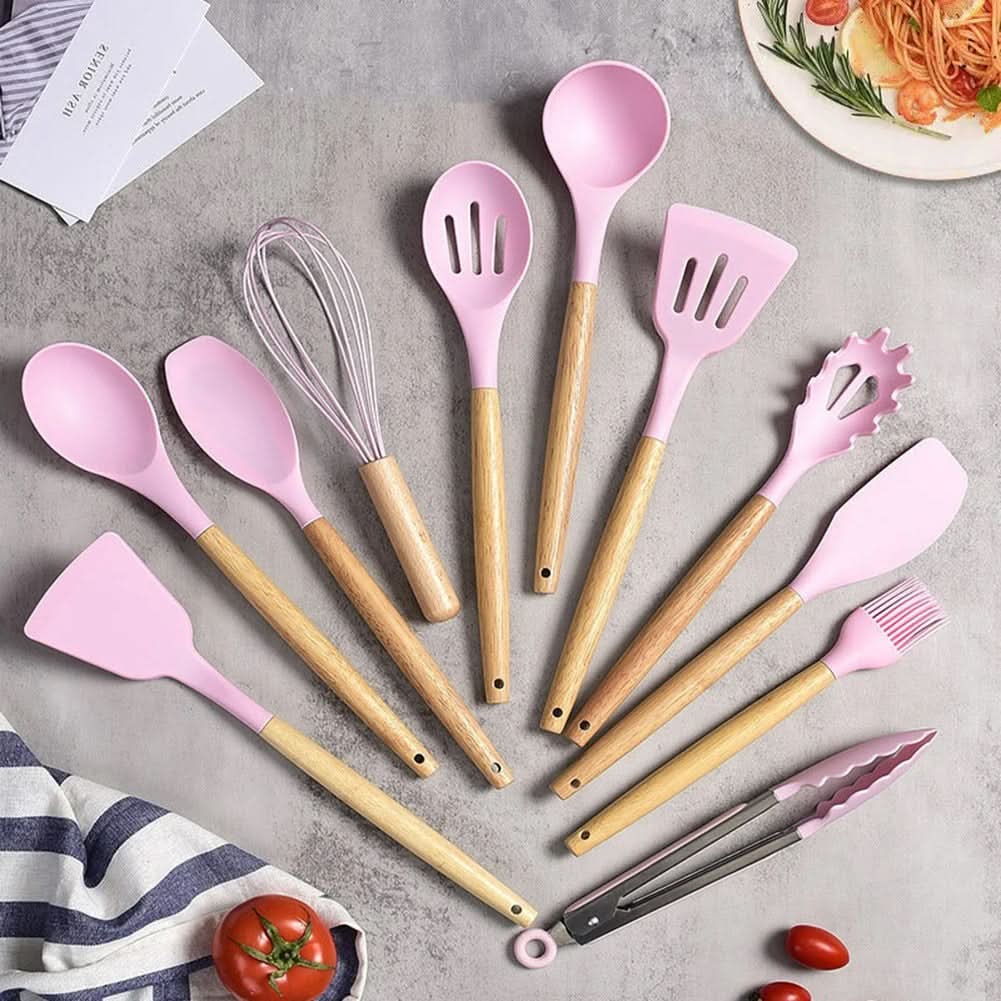 Lisslune | Non-Toxic BPA-Free Silicone Cooking Utensil Set with Wooden Handles Lattea