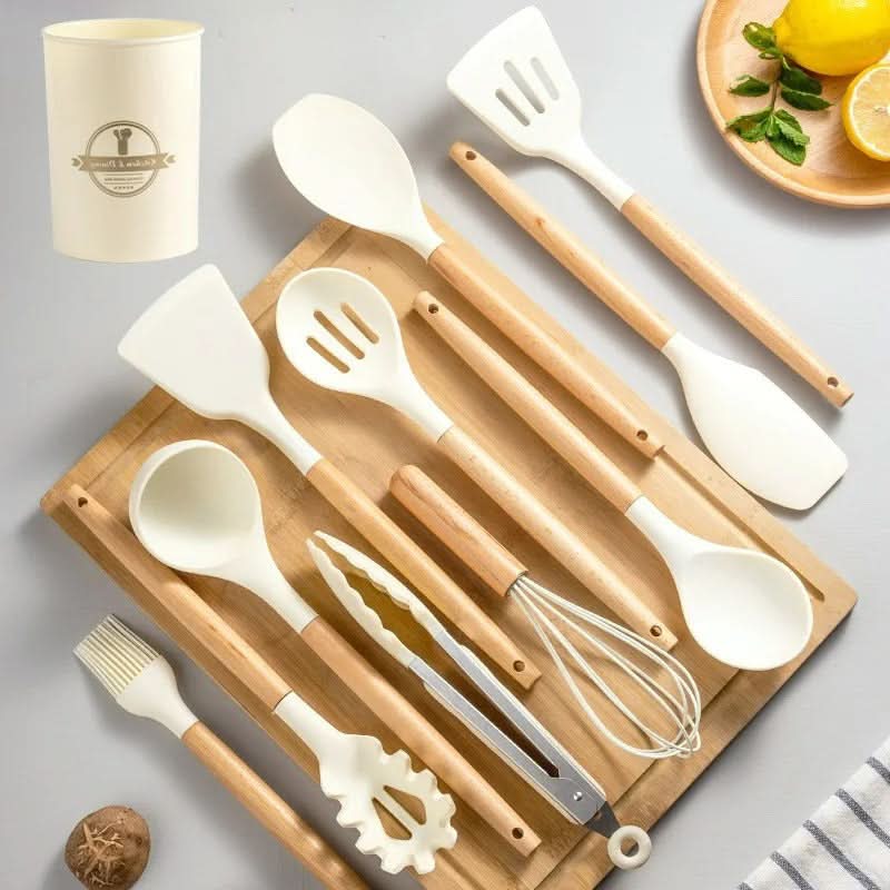 Lisslune | Non-Toxic BPA-Free Silicone Cooking Utensil Set with Wooden Handles Lattea