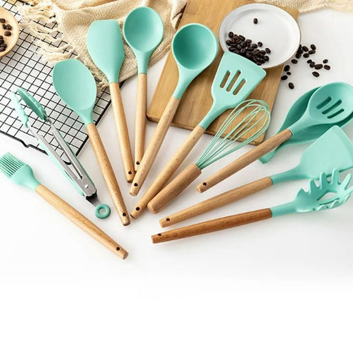 Lisslune | Non-Toxic BPA-Free Silicone Cooking Utensil Set with Wooden Handles Lattea