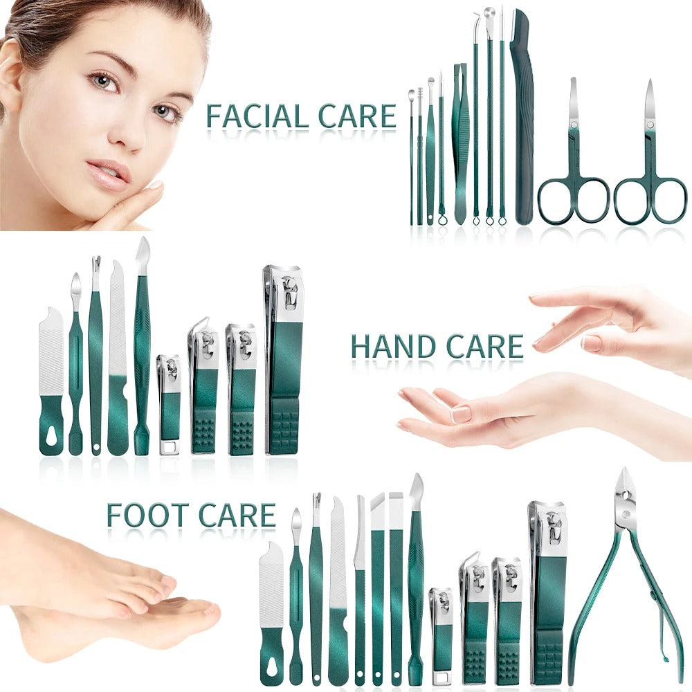 Lisslune | Stainless Steel Grooming Set | 7, 13, or 24-Piece Kits for Manicures & Pedicures at Home or Travel
