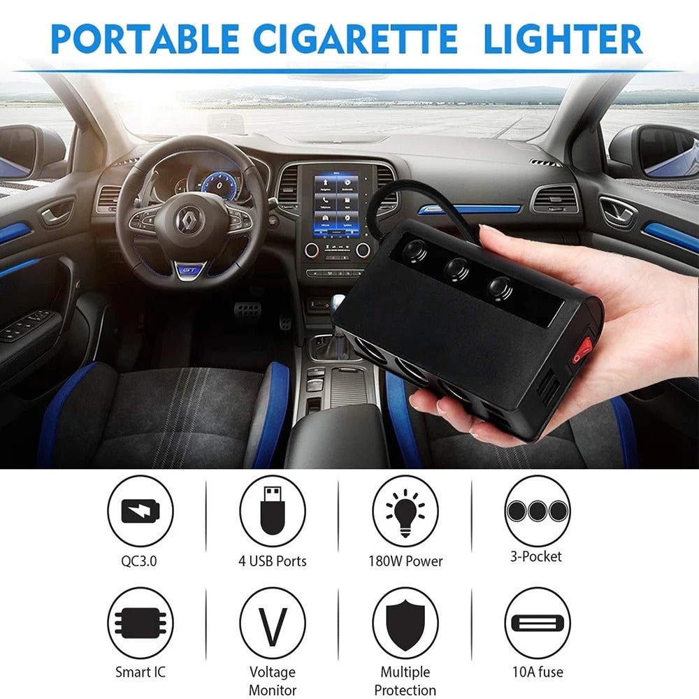 Lisslune | 4-Port Car Fast Charger Adapter - Cigarette Lighter Sockets & USB Ports