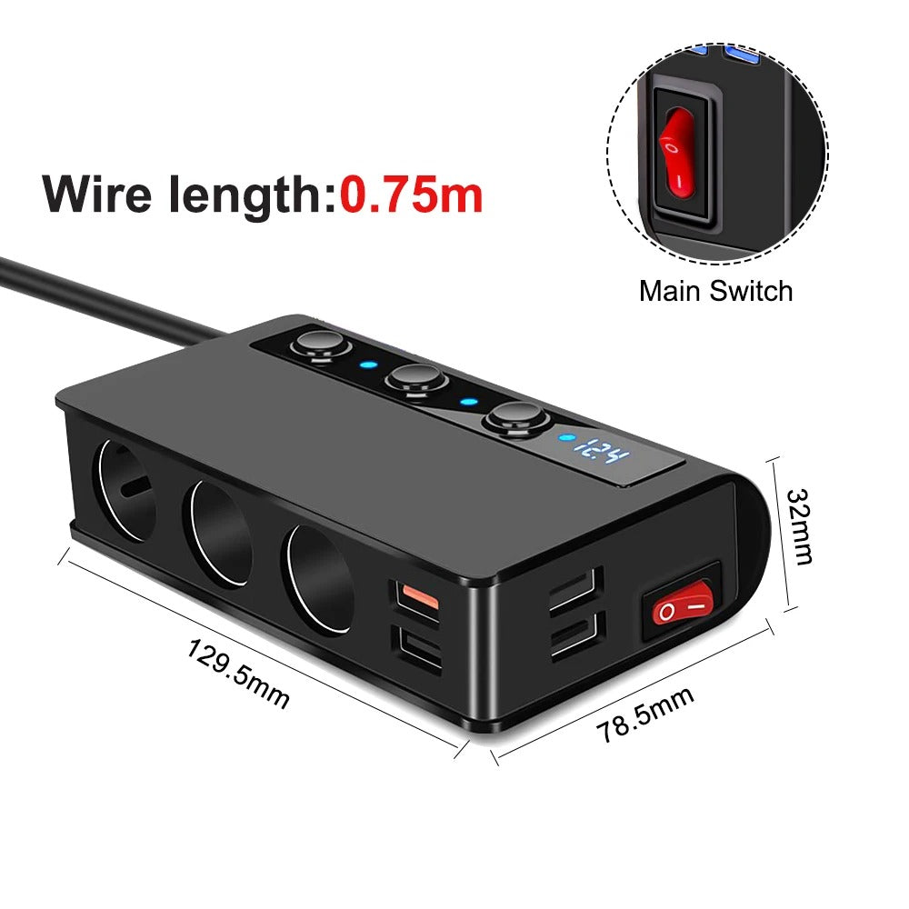 Lisslune | 4-Port Car Fast Charger Adapter - Cigarette Lighter Sockets & USB Ports