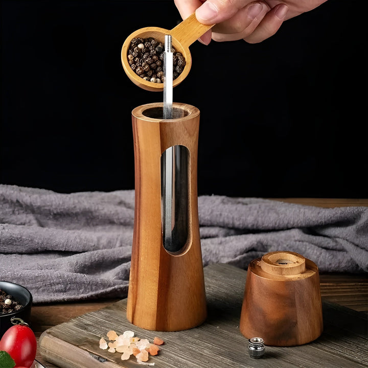 Lisslune | SpiceCraft Manual Salt and Pepper Mill Set – Wooden Design with Acrylic Window Adjustable Grind Levels