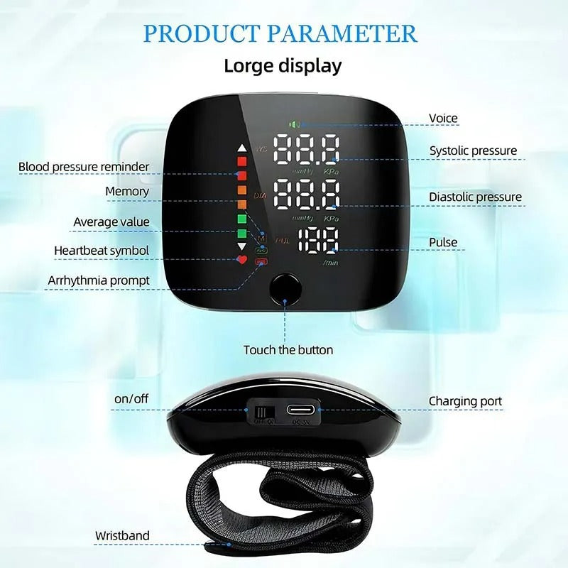 Lisslune | Smart Wrist Blood Pressure Monitor – Electronic Portable Sphygmomanometer with Voice Alerts