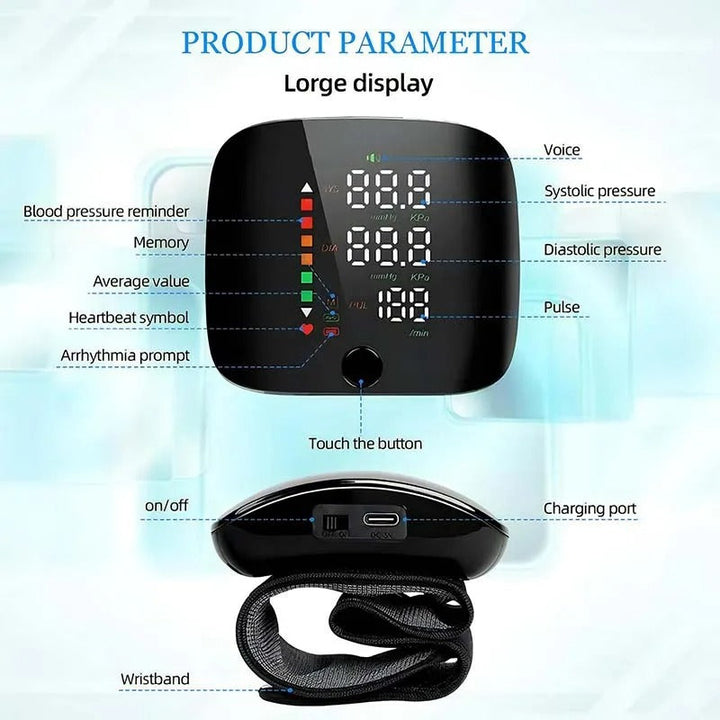 Lisslune | Smart Wrist Blood Pressure Monitor – Electronic Portable Sphygmomanometer with Voice Alerts