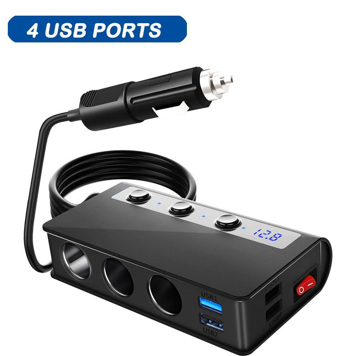 Lisslune | 4-Port Car Fast Charger Adapter - Cigarette Lighter Sockets & USB Ports