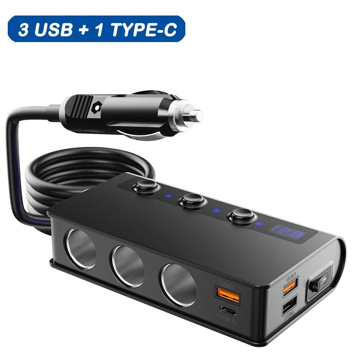 Lisslune | 4-Port Car Fast Charger Adapter - Cigarette Lighter Sockets & USB Ports