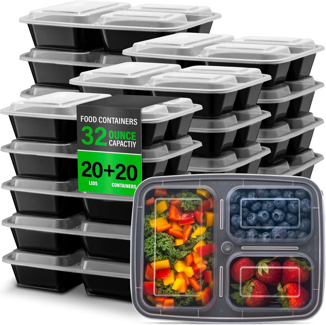 Lisslune | Meal Prep Containers – 3 Compartment Bento Dozen with Lid 900 ml [20 Pack]