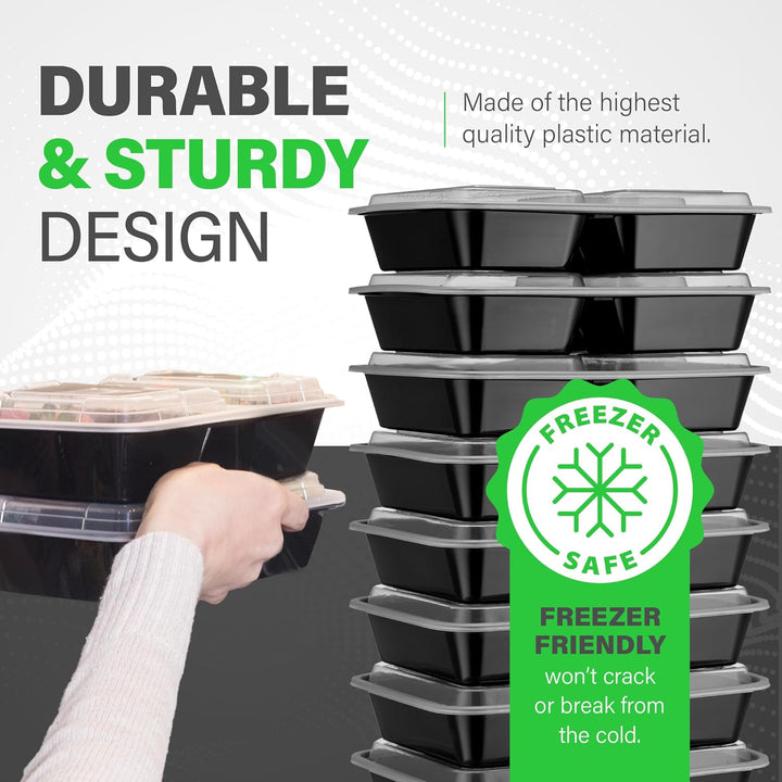Lisslune | Meal Prep Containers – 3 Compartment Bento Dozen with Lid 900 ml [20 Pack]