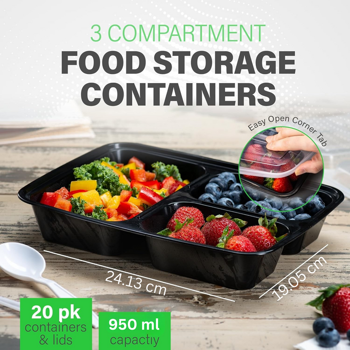 Lisslune | Meal Prep Containers – 3 Compartment Bento Dozen with Lid 900 ml [20 Pack]