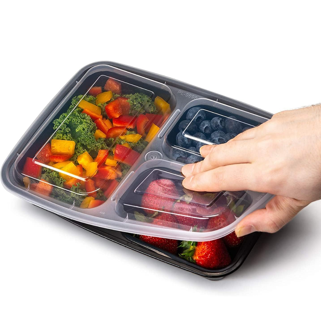 Lisslune | Meal Prep Containers – 3 Compartment Bento Dozen with Lid 900 ml [20 Pack]