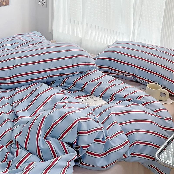 Rynx | Minimalistic Red Striped Light Blue Bedding Set