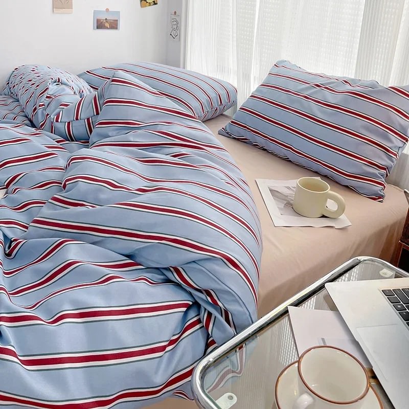 Rynx | Minimalistic Red Striped Light Blue Bedding Set