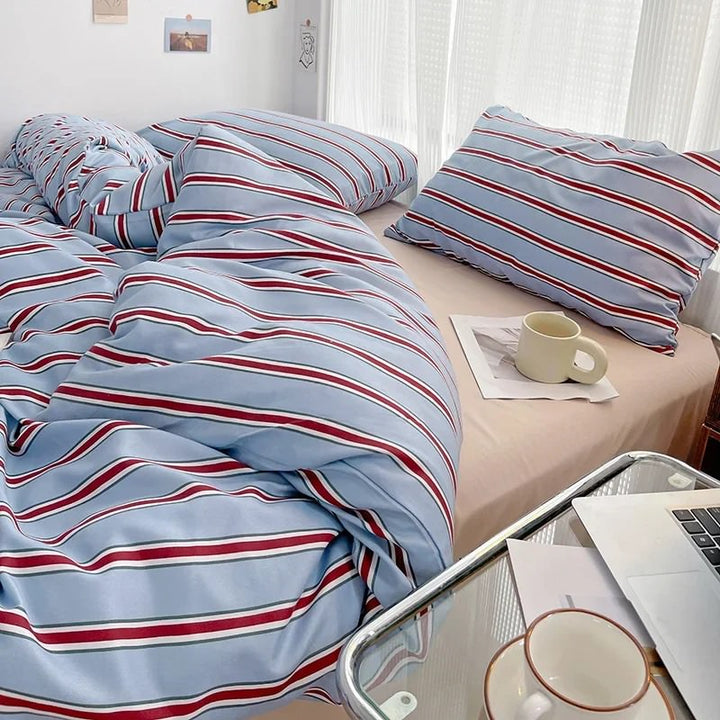 Rynx | Minimalistic Red Striped Light Blue Bedding Set