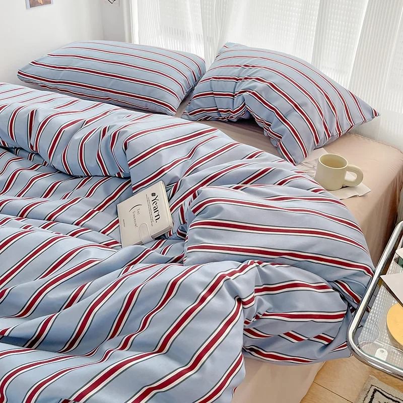 Rynx | Minimalistic Red Striped Light Blue Bedding Set