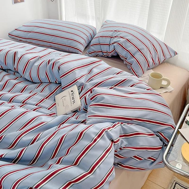 Rynx | Minimalistic Red Striped Light Blue Bedding Set