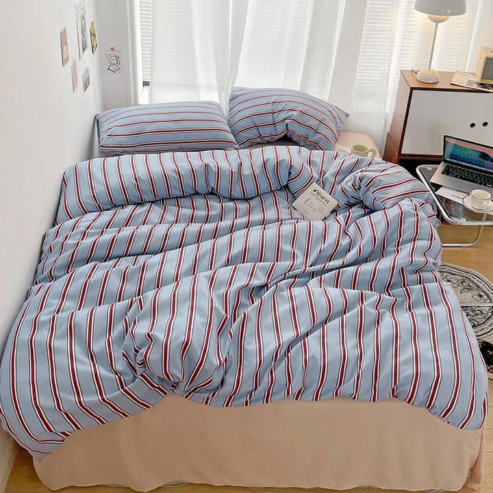 Rynx | Minimalistic Red Striped Light Blue Bedding Set