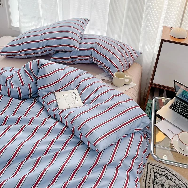 Rynx | Minimalistic Red Striped Light Blue Bedding Set