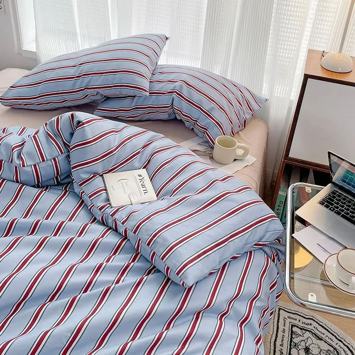 Rynx | Minimalistic Red Striped Light Blue Bedding Set