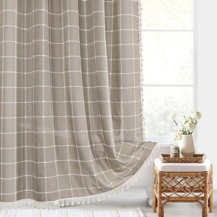 Lisslune | Modern Jacquard Linen Shower Curtain with Tassels (1 pcs) │ For Nordic Bathroom Decoration