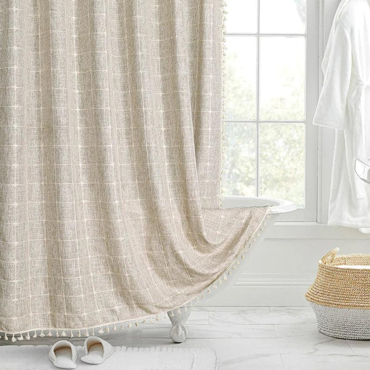 Lisslune | Modern Jacquard Linen Shower Curtain with Tassels (1 pcs) │ For Nordic Bathroom Decoration