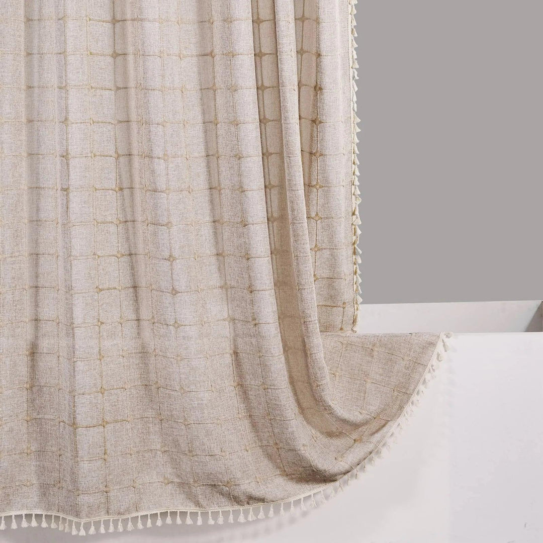 Lisslune | Modern Jacquard Linen Shower Curtain with Tassels (1 pcs) │ For Nordic Bathroom Decoration
