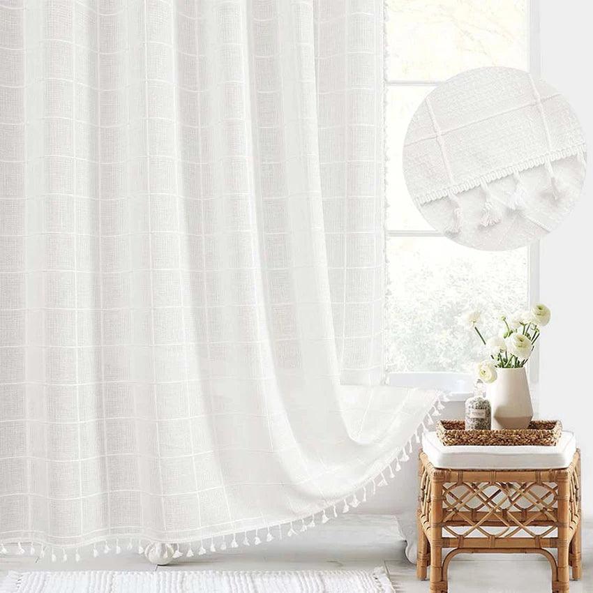 Lisslune | Modern Jacquard Linen Shower Curtain with Tassels (1 pcs) │ For Nordic Bathroom Decoration