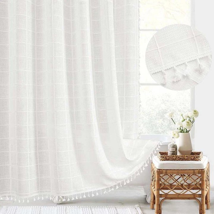 Lisslune | Modern Jacquard Linen Shower Curtain with Tassels (1 pcs) │ For Nordic Bathroom Decoration