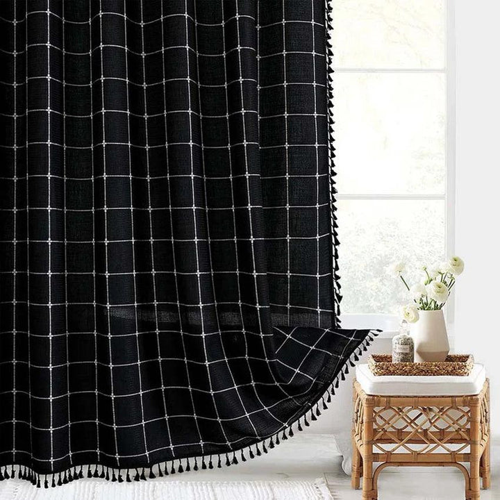 Lisslune | Modern Jacquard Linen Shower Curtain with Tassels (1 pcs) │ For Nordic Bathroom Decoration