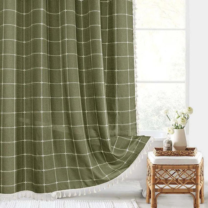 Lisslune | Modern Jacquard Linen Shower Curtain with Tassels (1 pcs) │ For Nordic Bathroom Decoration