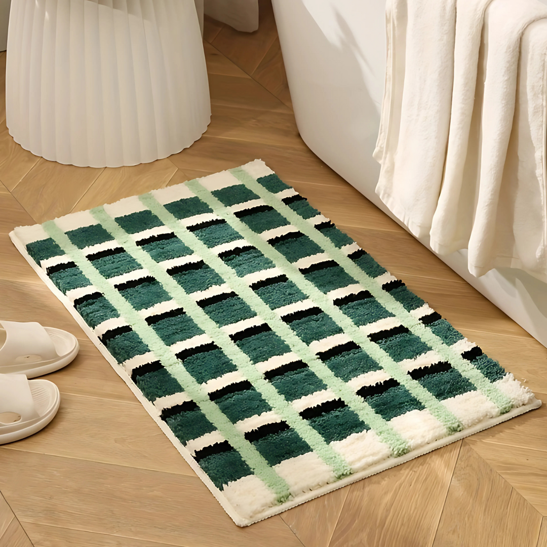 Lisslune | Moss Green Geometric Flock Bath Mat