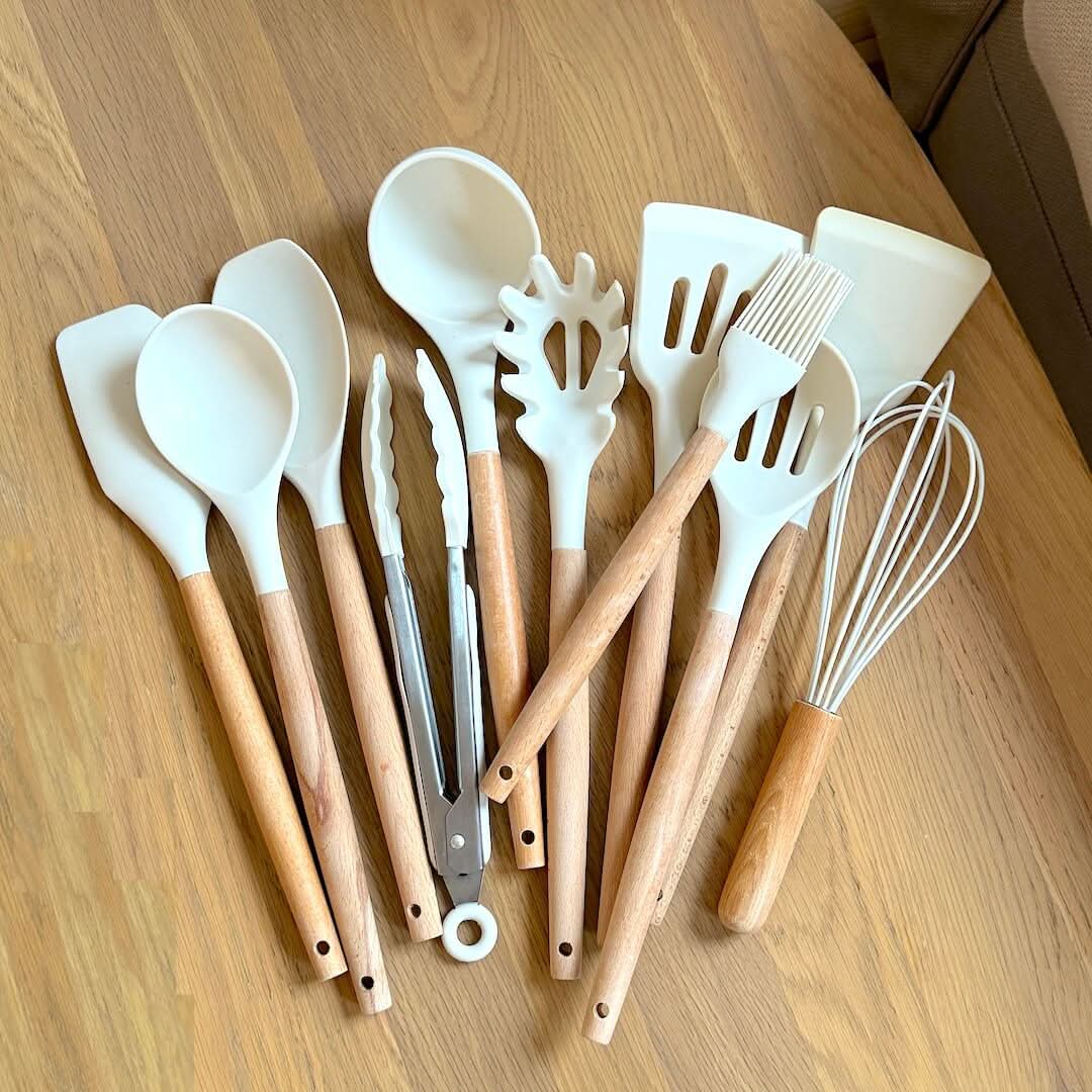 Lisslune | Non-Toxic BPA-Free Silicone Cooking Utensil Set with Wooden Handles Lattea