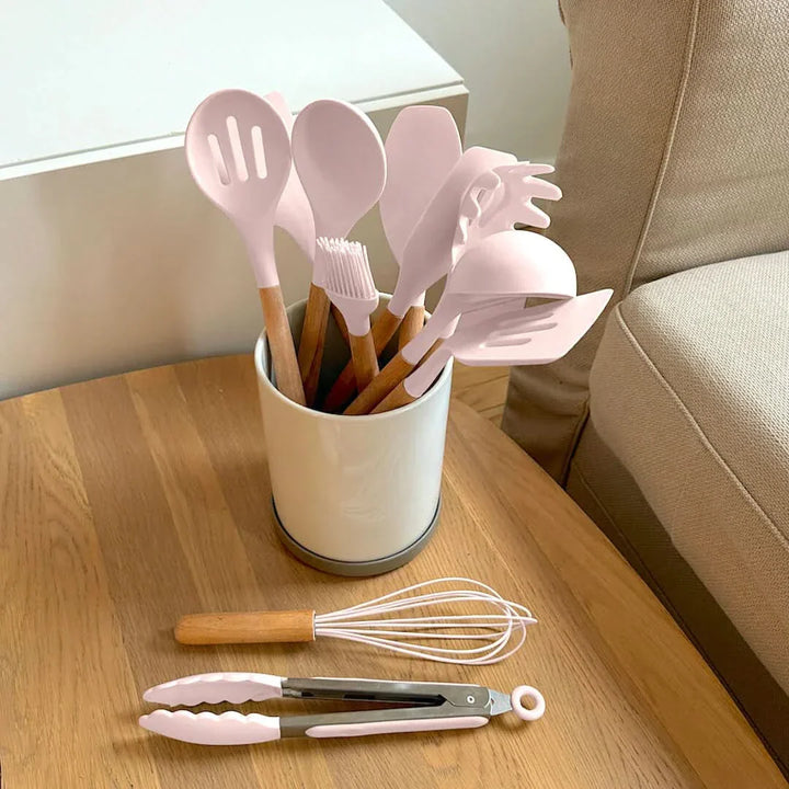 Lisslune | Non-Toxic BPA-Free Silicone Cooking Utensil Set with Wooden Handles Lattea