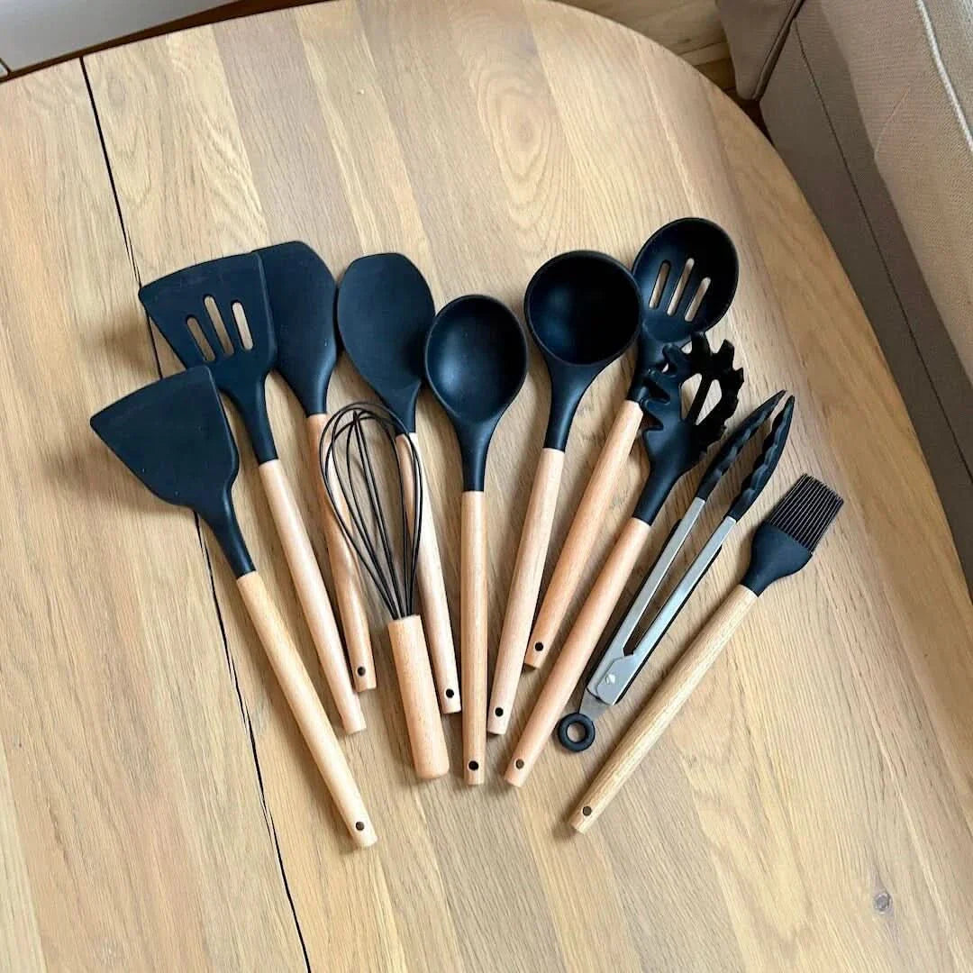Lisslune | Non-Toxic BPA-Free Silicone Cooking Utensil Set with Wooden Handles Lattea