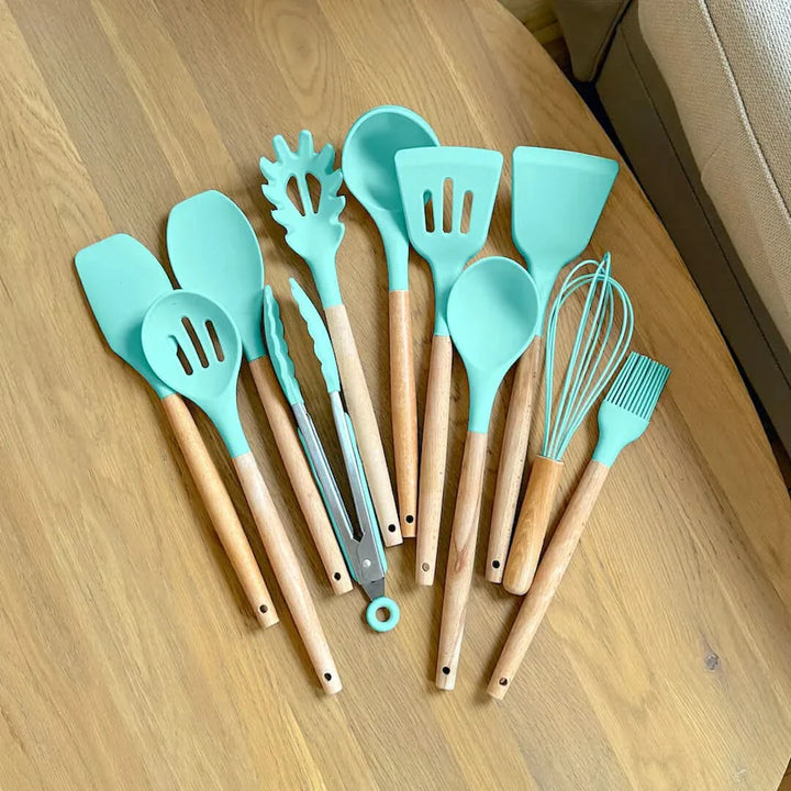 Lisslune | Non-Toxic BPA-Free Silicone Cooking Utensil Set with Wooden Handles Lattea