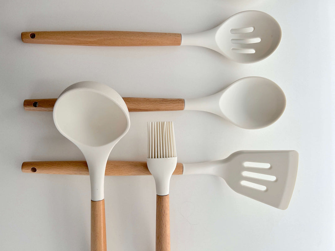 Lisslune | Non-Toxic BPA-Free Silicone Cooking Utensil Set with Wooden Handles Lattea