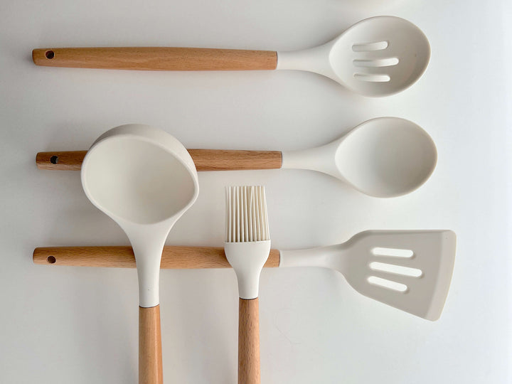 Lisslune | Non-Toxic BPA-Free Silicone Cooking Utensil Set with Wooden Handles Lattea