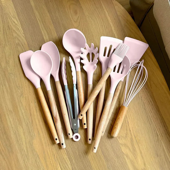 Lisslune | Non-Toxic BPA-Free Silicone Cooking Utensil Set with Wooden Handles Lattea