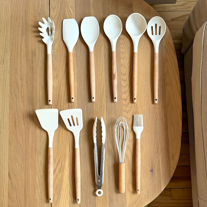 Lisslune | Non-Toxic BPA-Free Silicone Cooking Utensil Set with Wooden Handles Lattea