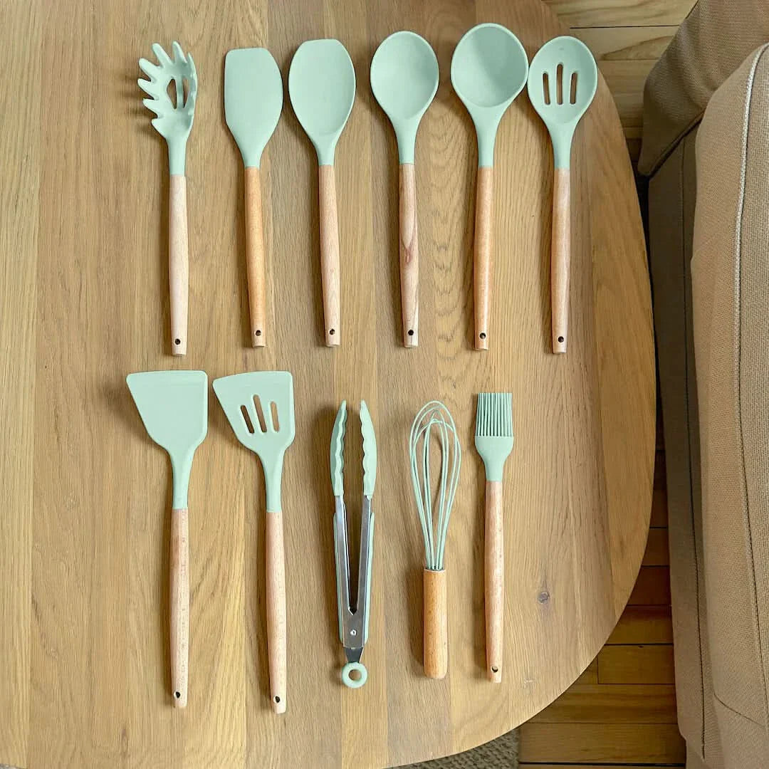 Lisslune | Non-Toxic BPA-Free Silicone Cooking Utensil Set with Wooden Handles Lattea