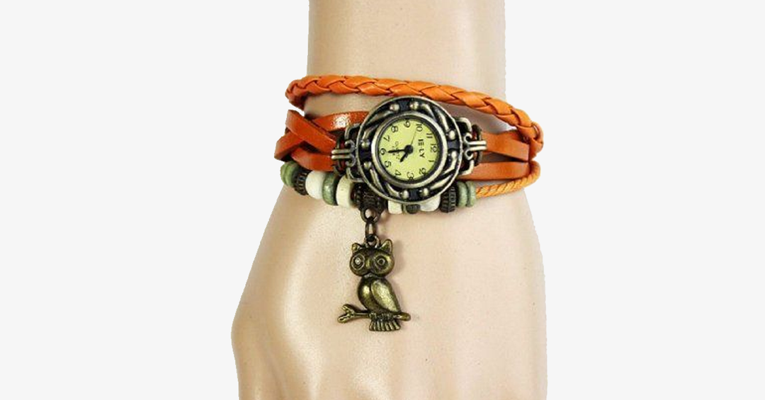 Lisslune | Owl Vintage Wrap Watch with Boho-Chic Style Bracelet - Woven cuff-style bracelet watch for a funky look!