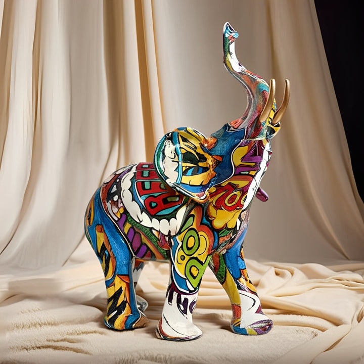 Lisslune | Abstract Elephant Statue – Colourful African Design with Raised Trunk for Good Luck