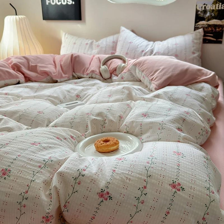 Rynx | Pale Pink Thin Floral Stripe Bedding Set